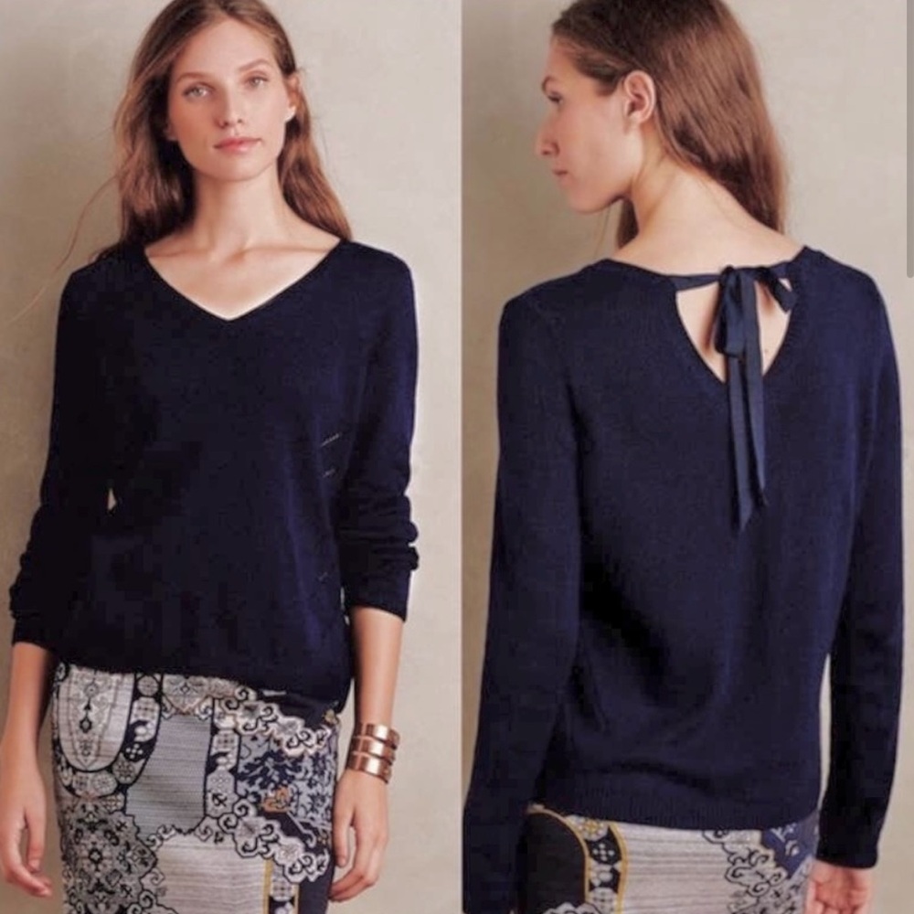 Anthropologie Moth Navy blue Ribbon Tie Back Pullover Sweater